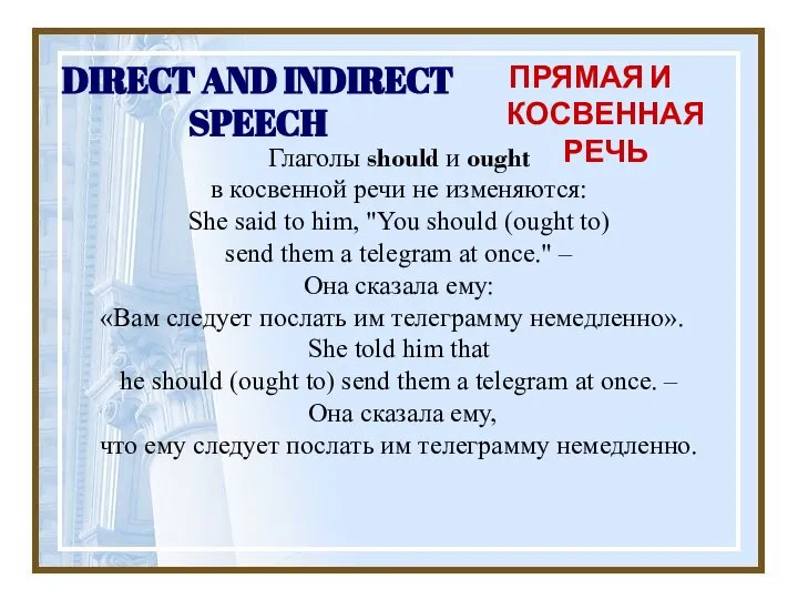 DIRECT AND INDIRECT SPEECH ПРЯМАЯ И КОСВЕННАЯ РЕЧЬ Глаголы should и