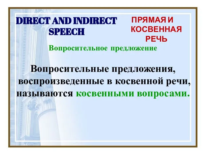 DIRECT AND INDIRECT SPEECH ПРЯМАЯ И КОСВЕННАЯ РЕЧЬ Вопросительное предложение Вопросительные