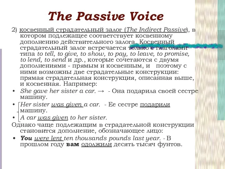 Тhe Passive Voice 2) косвенный страдательный залог (The Indirect Passive), в