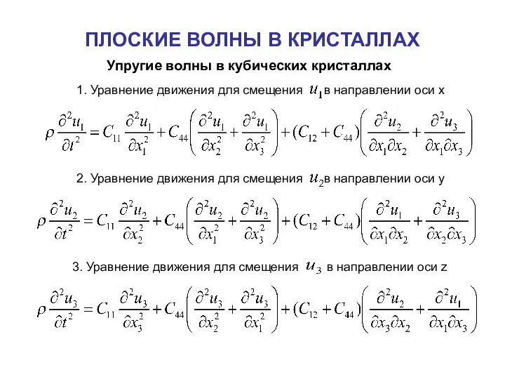 ПЛОСКИЕ ВОЛНЫ В КРИСТАЛЛАХ Упругие волны в кубических кристаллах 3. Уравнение