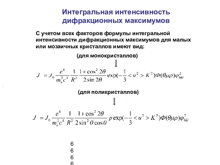 Интегральная интенсивность дифракционных максимумов 6666 С учетом всех факторов формулы интегральной