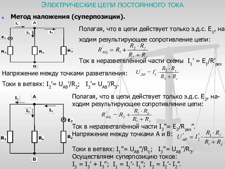 ЭЛЕКТРИЧЕСКИЕ ЦЕПИ ПОСТОЯННОГО ТОКА Метод наложения (суперпозиции). Полагая, что в цепи