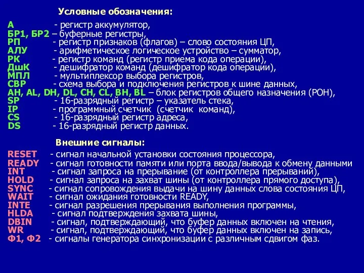 Условные обозначения: А - регистр аккумулятор, БР1, БР2 – буферные регистры,