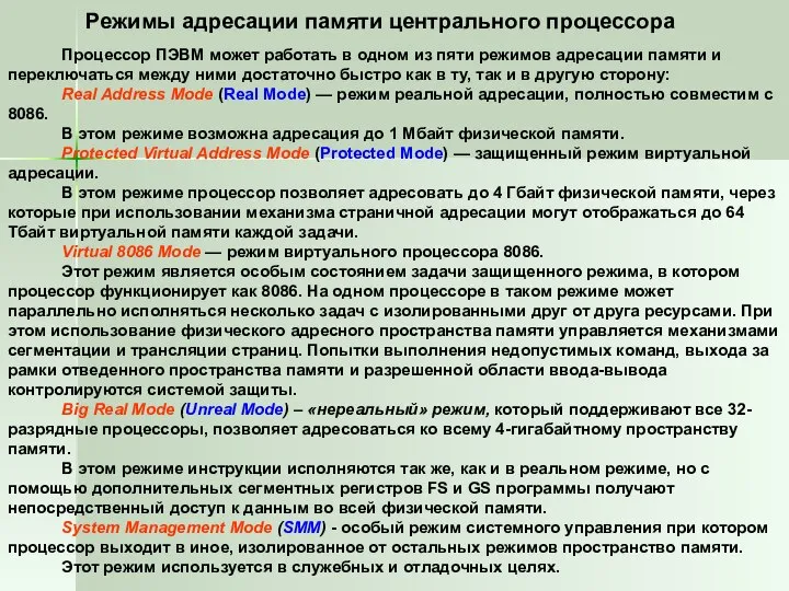 Режимы адресации памяти центрального процессора Процессор ПЭВМ может работать в одном