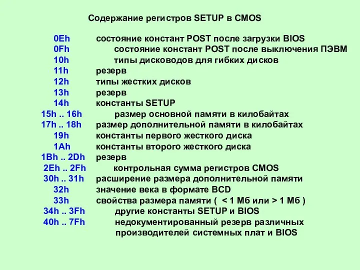 Содержание регистров SETUP в CMOS 0Eh состояние констант POST после загрузки