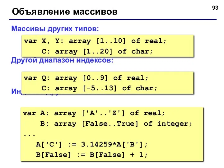 Объявление массивов Массивы других типов: Другой диапазон индексов: Индексы других типов: