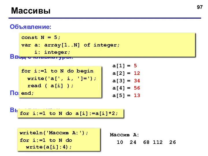 Массивы Объявление: Ввод с клавиатуры: Поэлементные операции: Вывод на экран: const