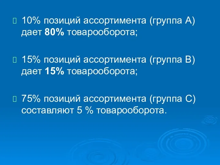 10% позиций ассортимента (группа А) дает 80% товарооборота; 15% позиций ассортимента