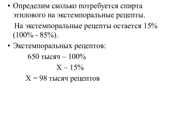 Определим сколько потребуется спирта этилового на экстемпоральные рецепты. На экстемпоральные рецепты