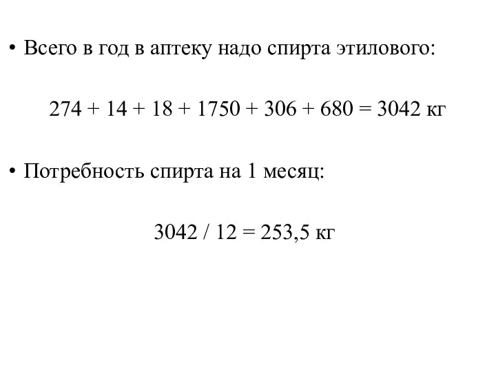 Всего в год в аптеку надо спирта этилового: 274 + 14