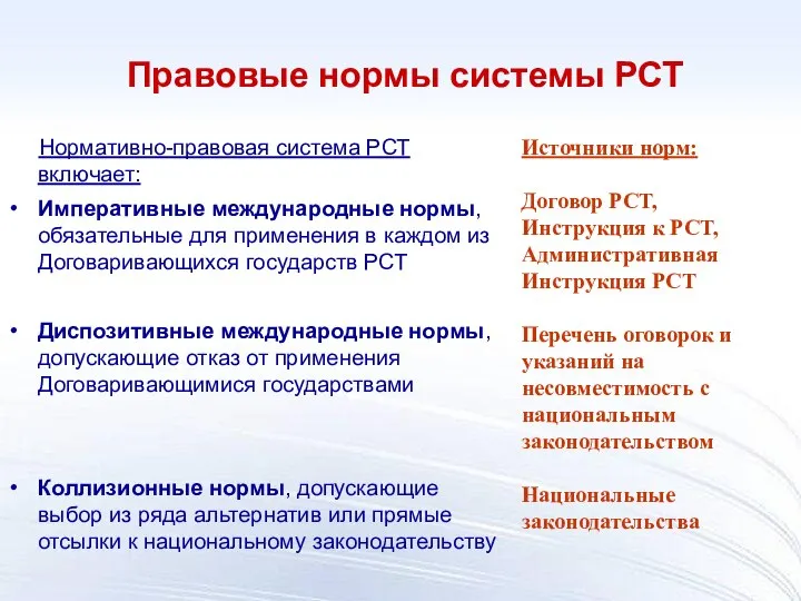 Нормативно-правовая система РСТ включает: Императивные международные нормы, обязательные для применения в