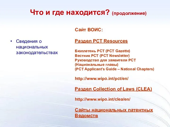 Сведения о национальных законодательствах Что и где находится? (продолжение) Сайт ВОИС: