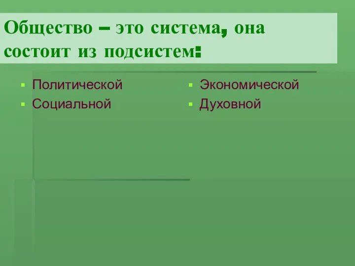 Общество – это система, она состоит из подсистем: Политической Социальной Экономической Духовной