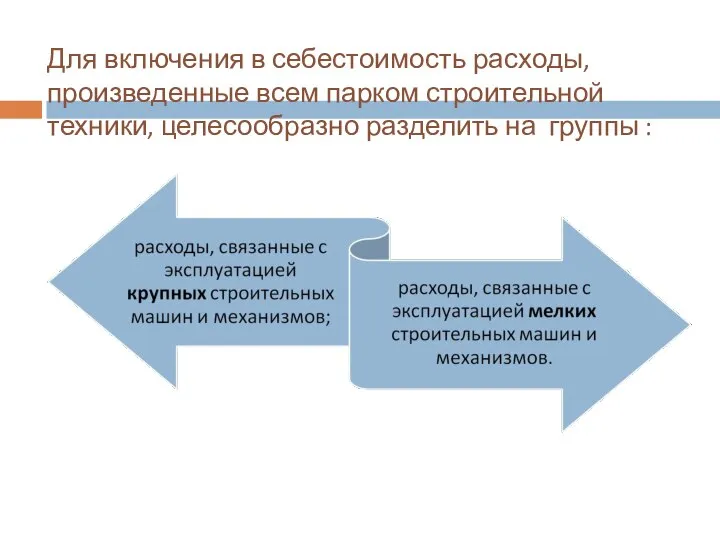 Для включения в себестоимость расходы, произведенные всем парком строительной техники, целесообразно разделить на группы :