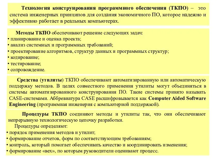 Технология конструирования программного обеспечения (ТКПО) – это система инженерных принципов для