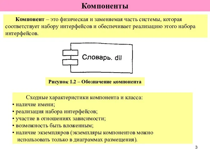 Компоненты Компонент – это физическая и заменяемая часть системы, которая соответствует