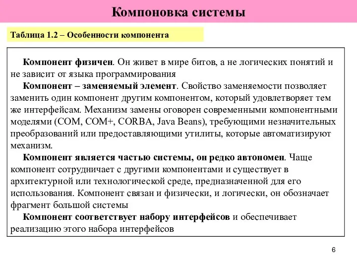 Компоновка системы Таблица 1.2 – Особенности компонента