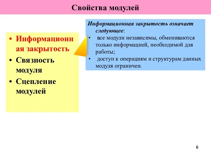 Свойства модулей Информационная закрытость Связность модуля Сцепление модулей Информационная закрытость означает