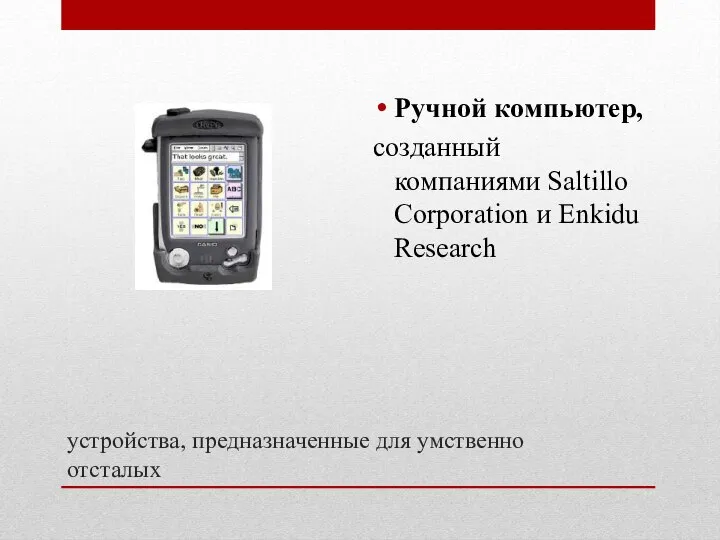 устройства, предназначенные для умственно отсталых Ручной компьютер, созданный компаниями Saltillo Corporation и Enkidu Research