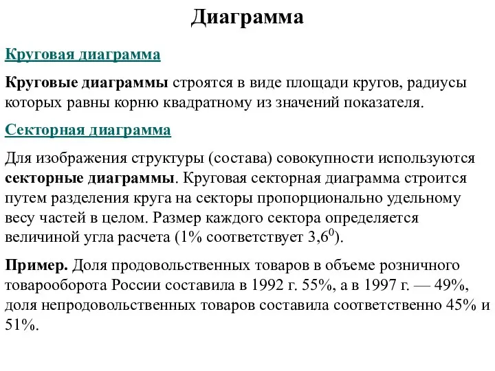 Диаграмма Круговая диаграмма Круговые диаграммы строятся в виде площади кругов, радиусы