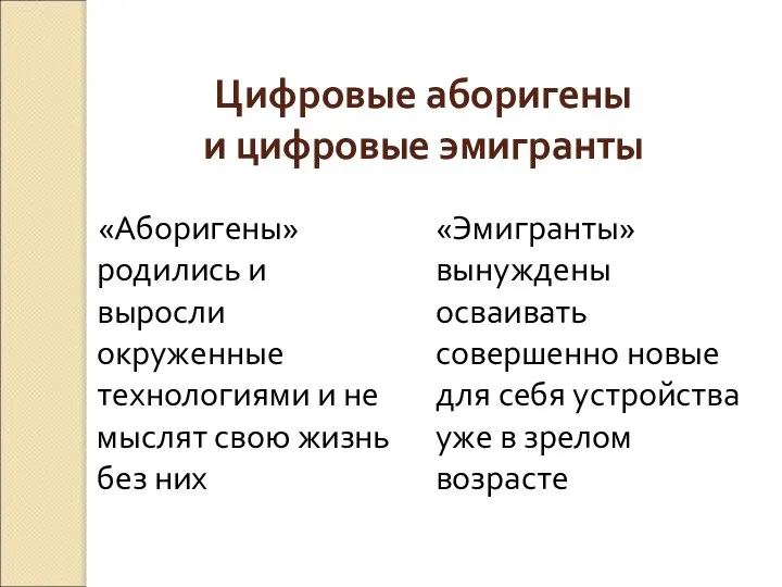 Цифровые аборигены и цифровые эмигранты «Аборигены» родились и выросли окруженные технологиями