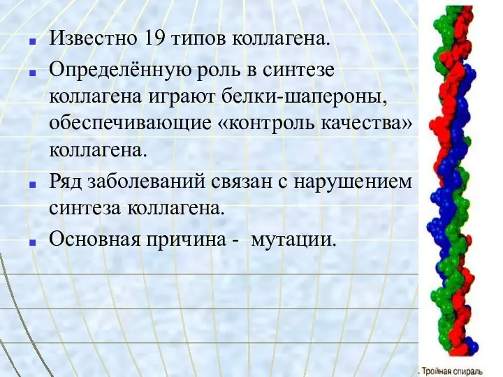 Известно 19 типов коллагена. Определённую роль в синтезе коллагена играют белки-шапероны,