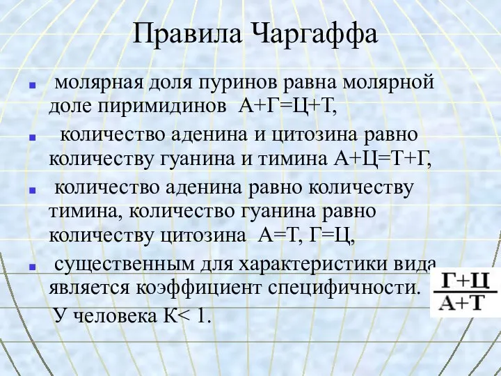 Правила Чаргаффа молярная доля пуринов равна молярной доле пиримидинов А+Г=Ц+Т, количество