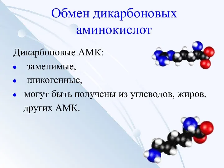 Обмен дикарбоновых аминокислот Дикарбоновые АМК: заменимые, гликогенные, могут быть получены из углеводов, жиров, других АМК.