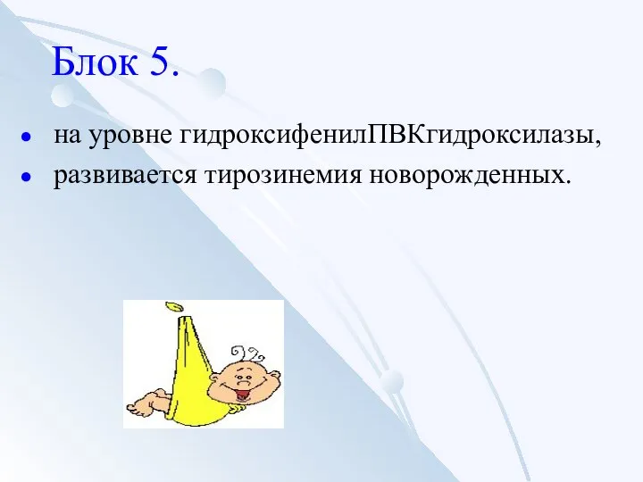 Блок 5. на уровне гидроксифенилПВКгидроксилазы, развивается тирозинемия новорожденных.