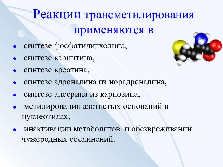 Реакции трансметилирования применяются в синтезе фосфатидилхолина, синтезе карнитина, синтезе креатина, синтезе