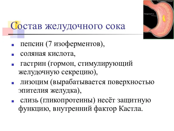 Состав желудочного сока пепсин (7 изоферментов), соляная кислота, гастрин (гормон, стимулирующий