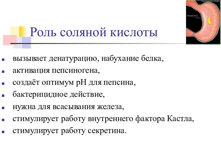 Роль соляной кислоты вызывает денатурацию, набухание белка, активация пепсиногена, создаёт оптимум