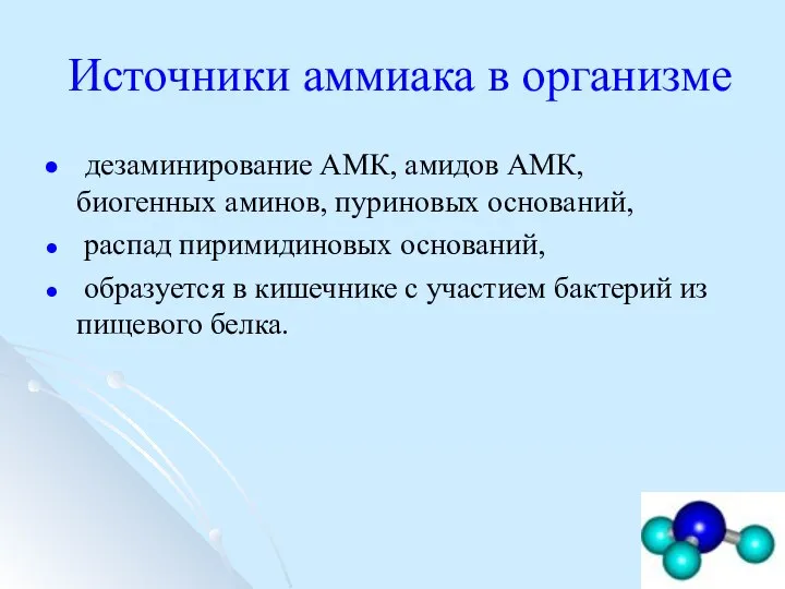 Источники аммиака в организме дезаминирование АМК, амидов АМК, биогенных аминов, пуриновых