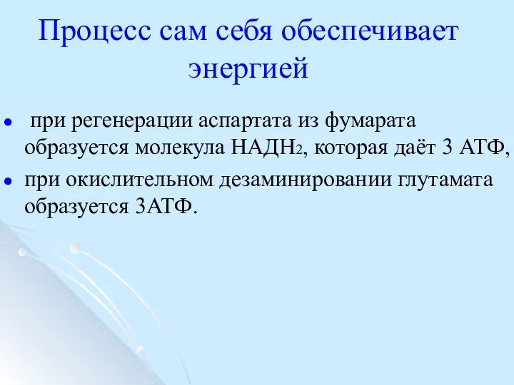 Процесс сам себя обеспечивает энергией при регенерации аспартата из фумарата образуется