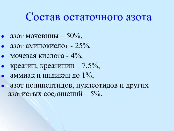 Состав остаточного азота азот мочевины – 50%, азот аминокислот - 25%,