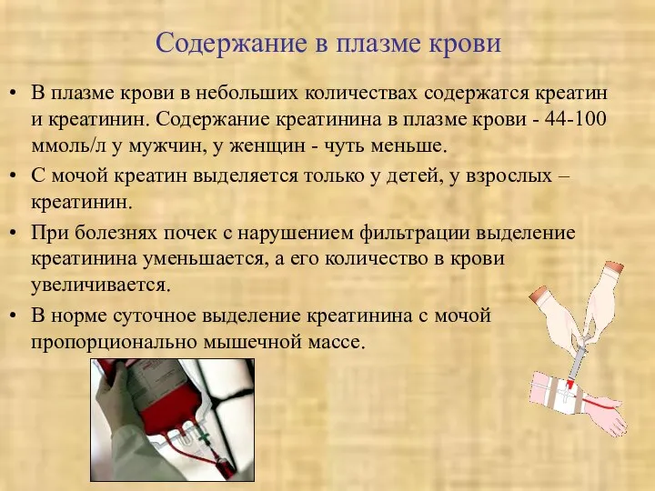 Содержание в плазме крови В плазме крови в небольших количествах содержатся