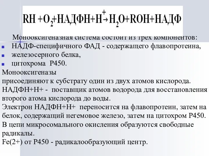 Монооксигеназная система состоит из трёх компонентов: НАДФ-специфичного ФАД - содержащего флавопротеина,