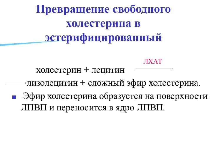 Превращение свободного холестерина в эстерифицированный холестерин + лецитин лизолецитин + сложный