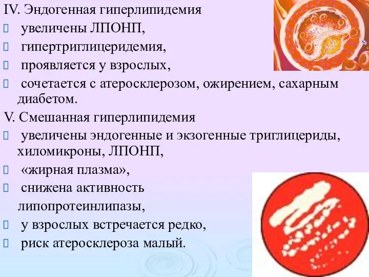 IV. Эндогенная гиперлипидемия увеличены ЛПОНП, гипертриглицеридемия, проявляется у взрослых, сочетается с