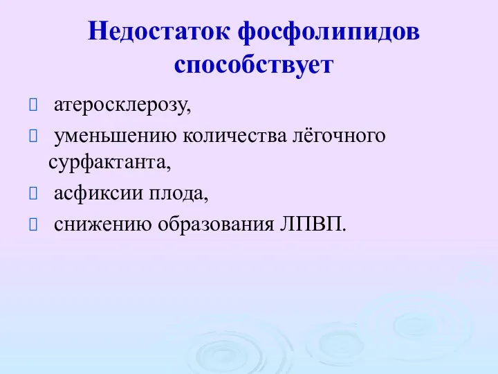 Недостаток фосфолипидов способствует атеросклерозу, уменьшению количества лёгочного сурфактанта, асфиксии плода, снижению образования ЛПВП.