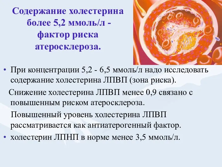 Содержание холестерина более 5,2 ммоль/л - фактор риска атеросклероза. При концентрации