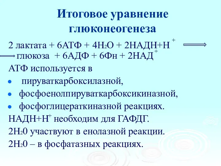 Итоговое уравнение глюконеогенеза 2 лактата + 6АТФ + 4Н2О + 2НАДН+Н