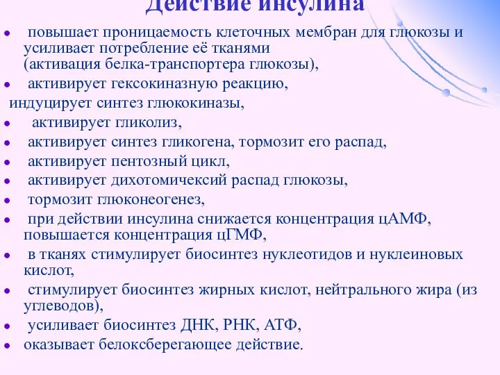 Действие инсулина повышает проницаемость клеточных мембран для глюкозы и усиливает потребление