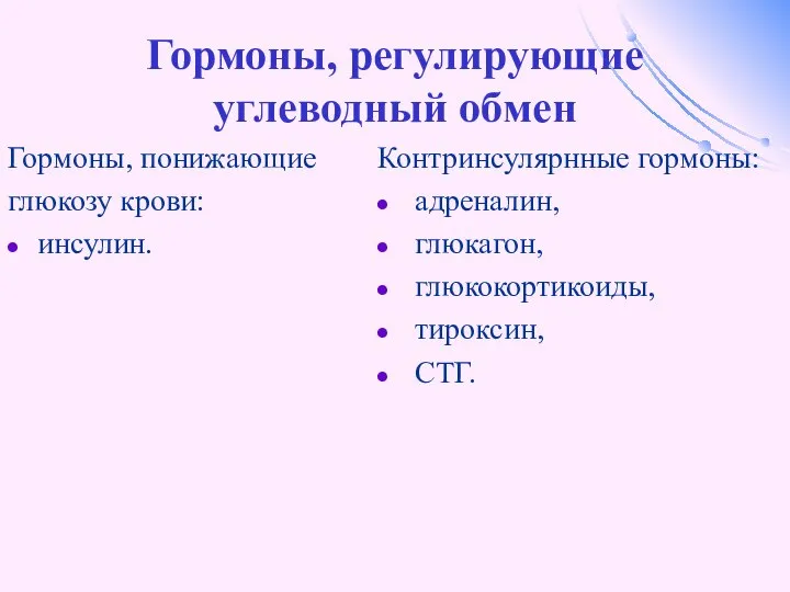 Гормоны, регулирующие углеводный обмен Гормоны, понижающие глюкозу крови: инсулин. Контринсулярнные гормоны: адреналин, глюкагон, глюкокортикоиды, тироксин, СТГ.