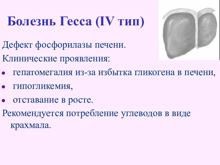 Болезнь Гесса (IV тип) Дефект фосфорилазы печени. Клинические проявления: гепатомегалия из-за