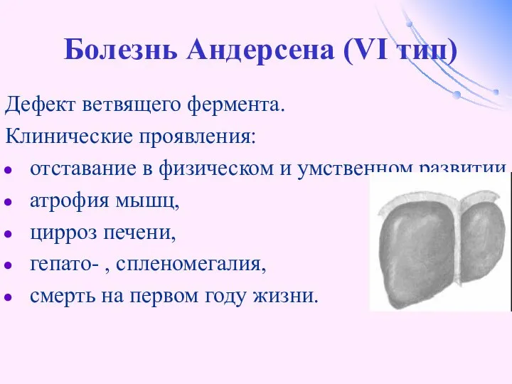 Болезнь Андерсена (VI тип) Дефект ветвящего фермента. Клинические проявления: отставание в