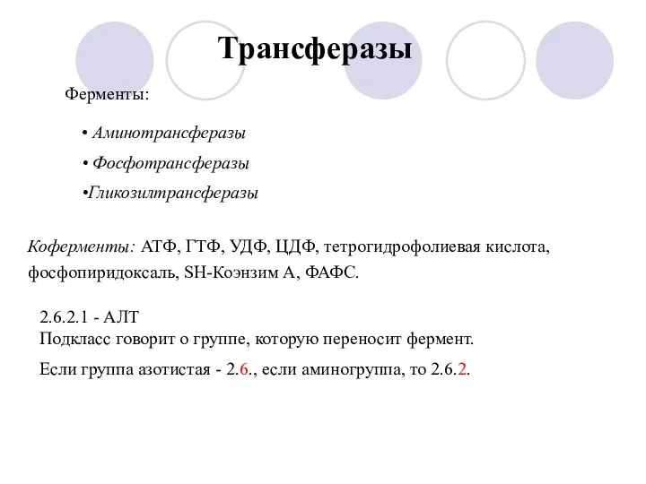 Трансферазы Ферменты: Аминотрансферазы Фосфотрансферазы Гликозилтрансферазы Коферменты: АТФ, ГТФ, УДФ, ЦДФ, тетрогидрофолиевая