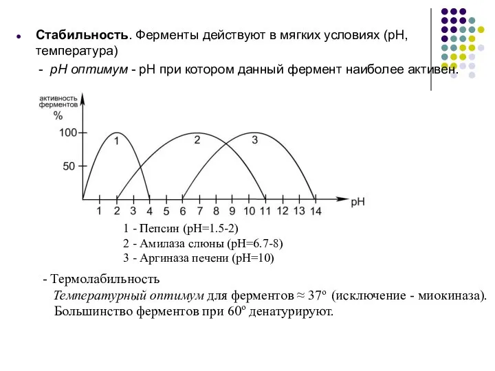 Стабильность. Ферменты действуют в мягких условиях (pH, температура) - pH оптимум