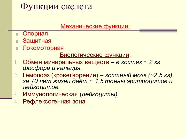 Функции скелета Механические функции: Опорная Защитная Локомоторная Биологические функции: Обмен минеральных