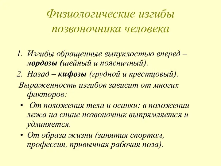 Физиологические изгибы позвоночника человека Изгибы обращенные выпуклостью вперед – лордозы (шейный